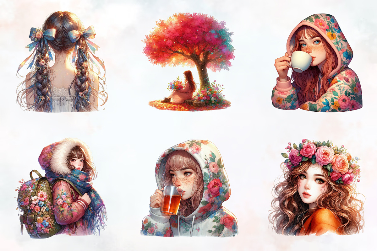 Girls with Fall Flowers Clipart, an Illustration by RobertsArt (Photo 2 of 7)