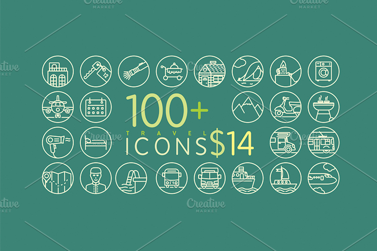 100+ Line Travel Icons for $14, an Outline Icon by Babic Goran (Photo 1 of 2)