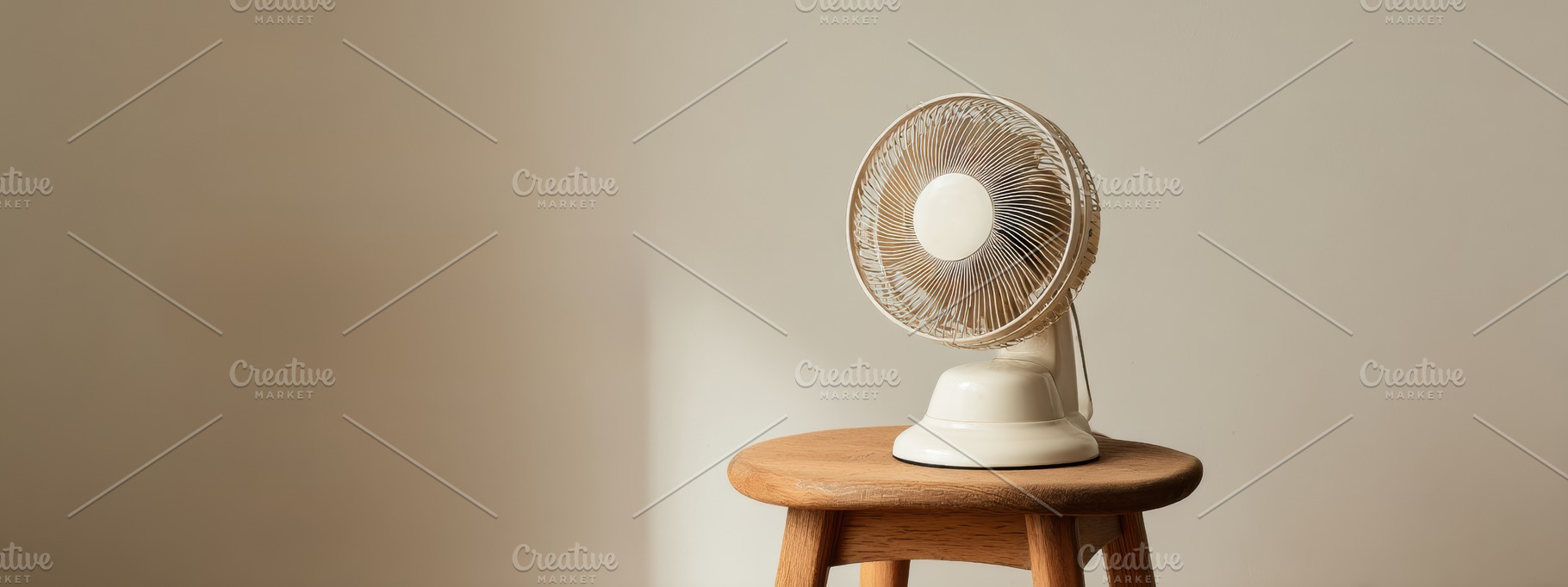 White vintage fan, pale wooden stool, an Architecture Photo by Virgo Studio