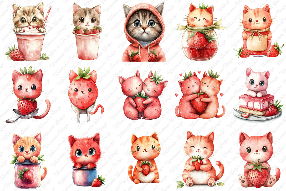 Strawberry Cat Sublimation Clipart, an Illustration by Watercolor design (Photo 2 of 12)
