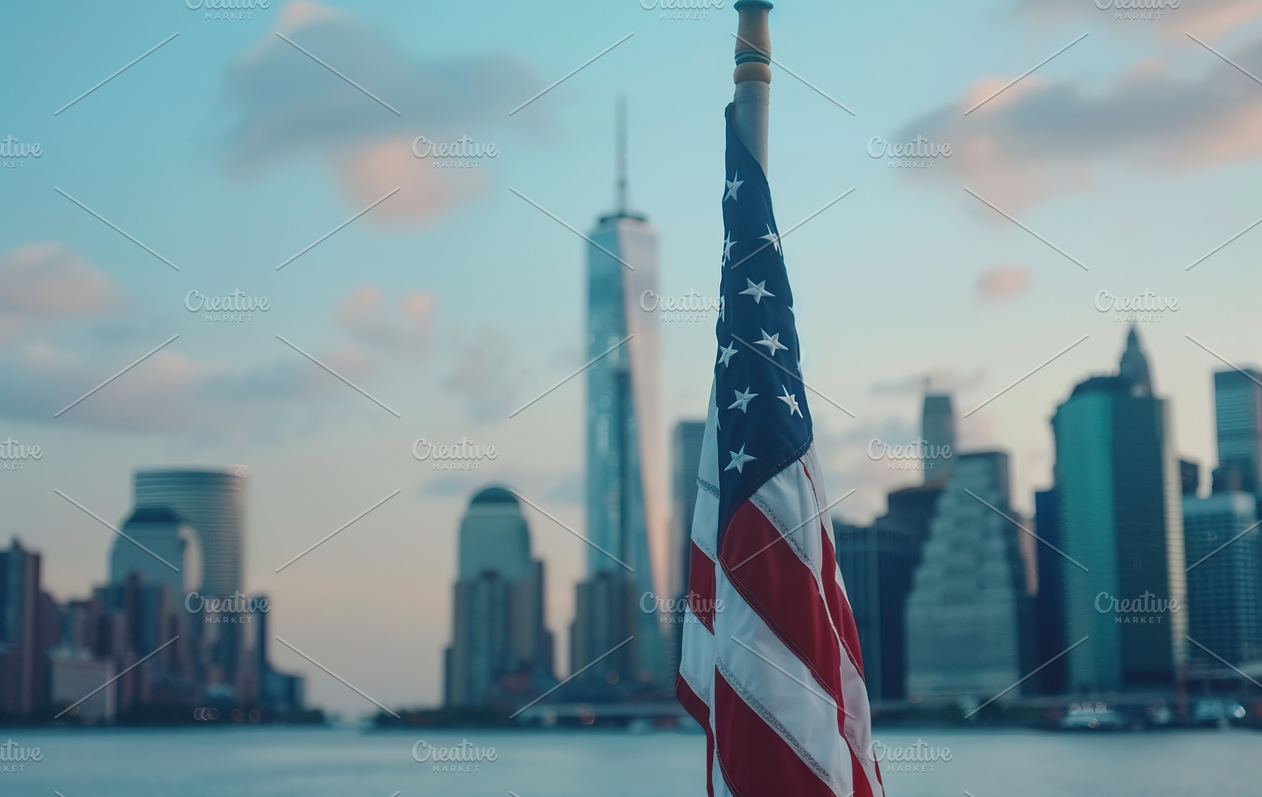 American flag waving on Manhattan background, a Photo by AlyaAnd
