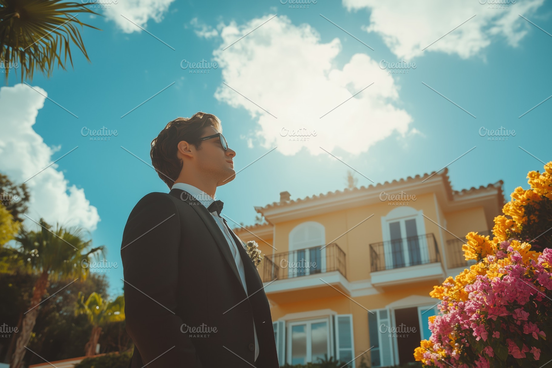 A realtor man in a tuxedo stands outdoors, gazing upwards against a bright blue, a Person Photo by Textures & Backgrounds
