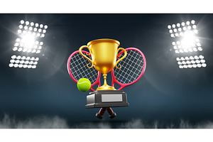 3d night tennis court with rackets, a Sport Illustration by Marozhkastudio