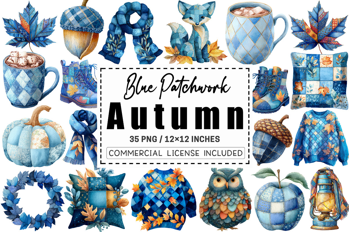 Watercolor Blue Patchwork Autumn, a Graphic by CitraGraphics (Photo 1 of 4)