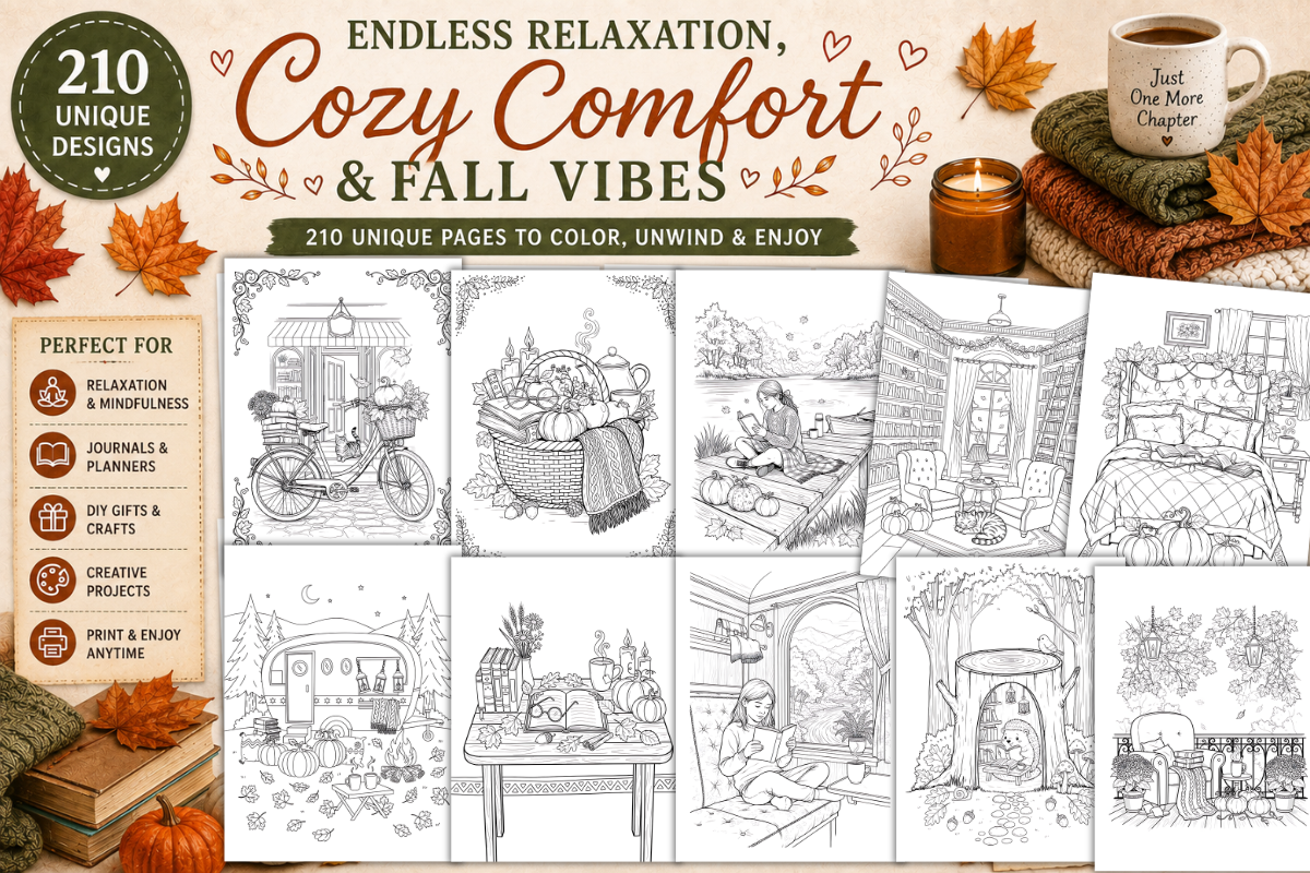 210 Cozy Fall Reading Coloring Pages, a Seasonal Illustration by Daffodil Dream Studio (Photo 3 of 3)