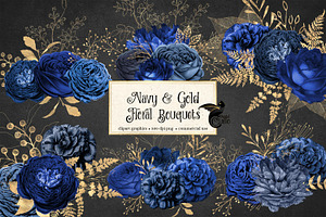 Navy and Gold Floral Bouquets, an Illustration by Digital Curio