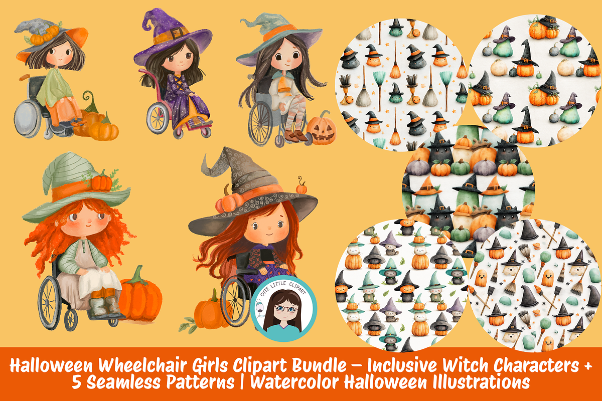 Halloween Wheelchair Girls Clipart B, an Illustration by Cute Little Workshop (Photo 1 of 6)