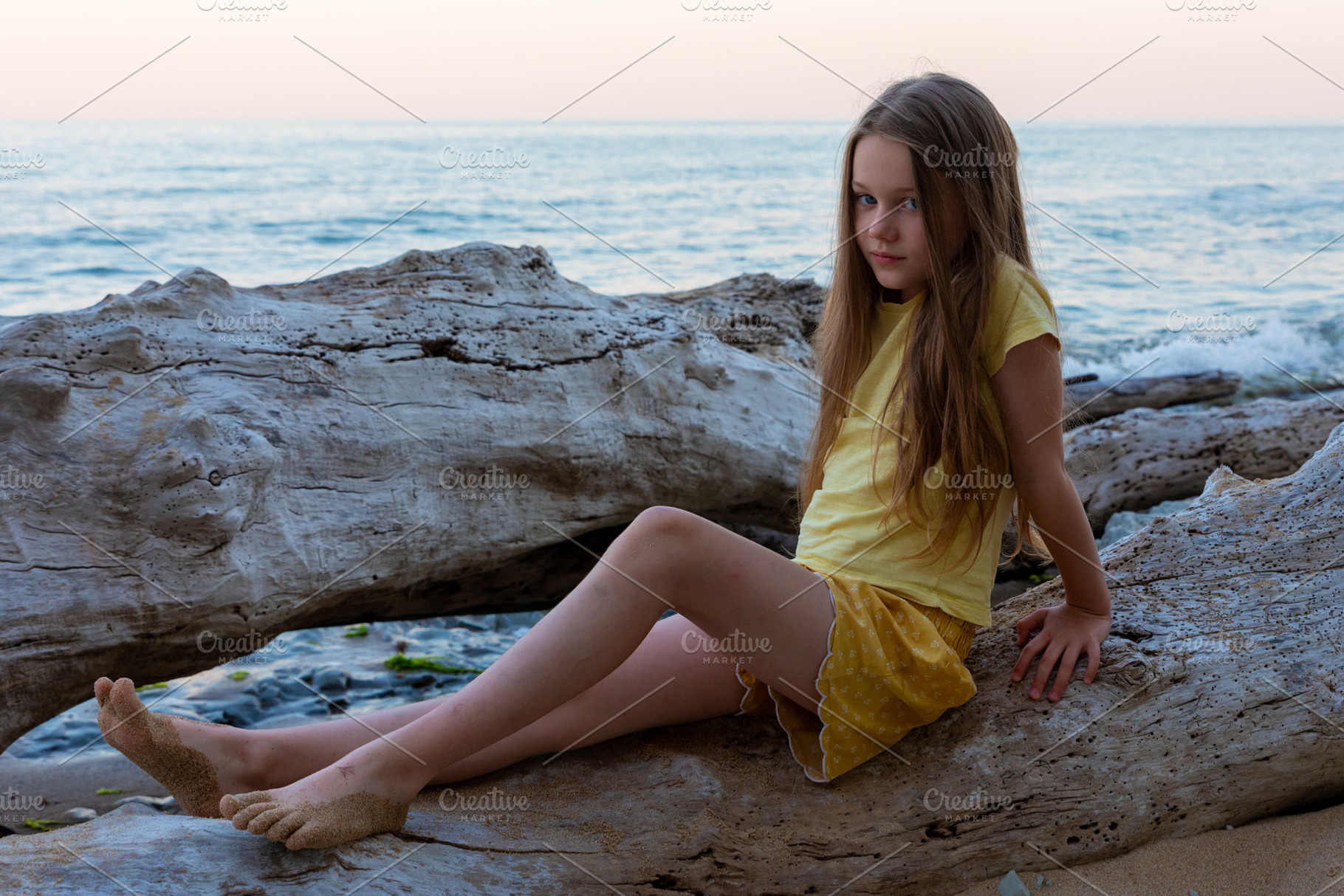 Young girl with long hair sitting on a driftwood log by the beach, wearing a ye, a Person Photo by Ales Munt