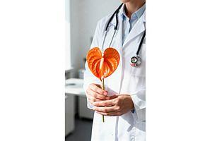 Doctor holding anthurium flower in a, a Health & Medical Photo by tilialucida