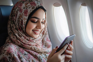 Hijabi woman enjoys flight time, a Photo by Pavel_design