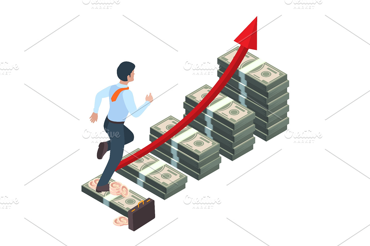 Businessman running up money stacks, a Finance Illustration by Onyx (Photo 1 of 3)