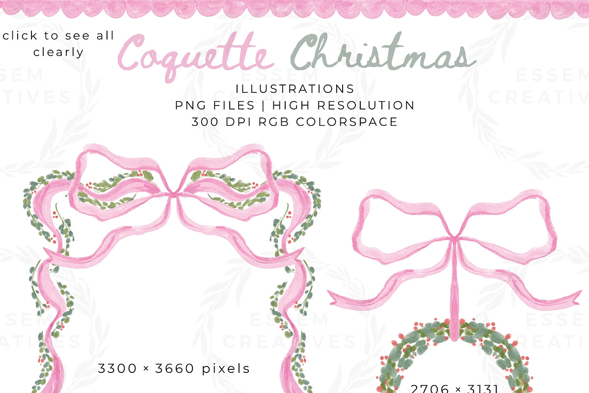 Coquette Christmas Pink Bow Greenery, a Seasonal Illustration by Essem Creatives (Photo 2 of 7)
