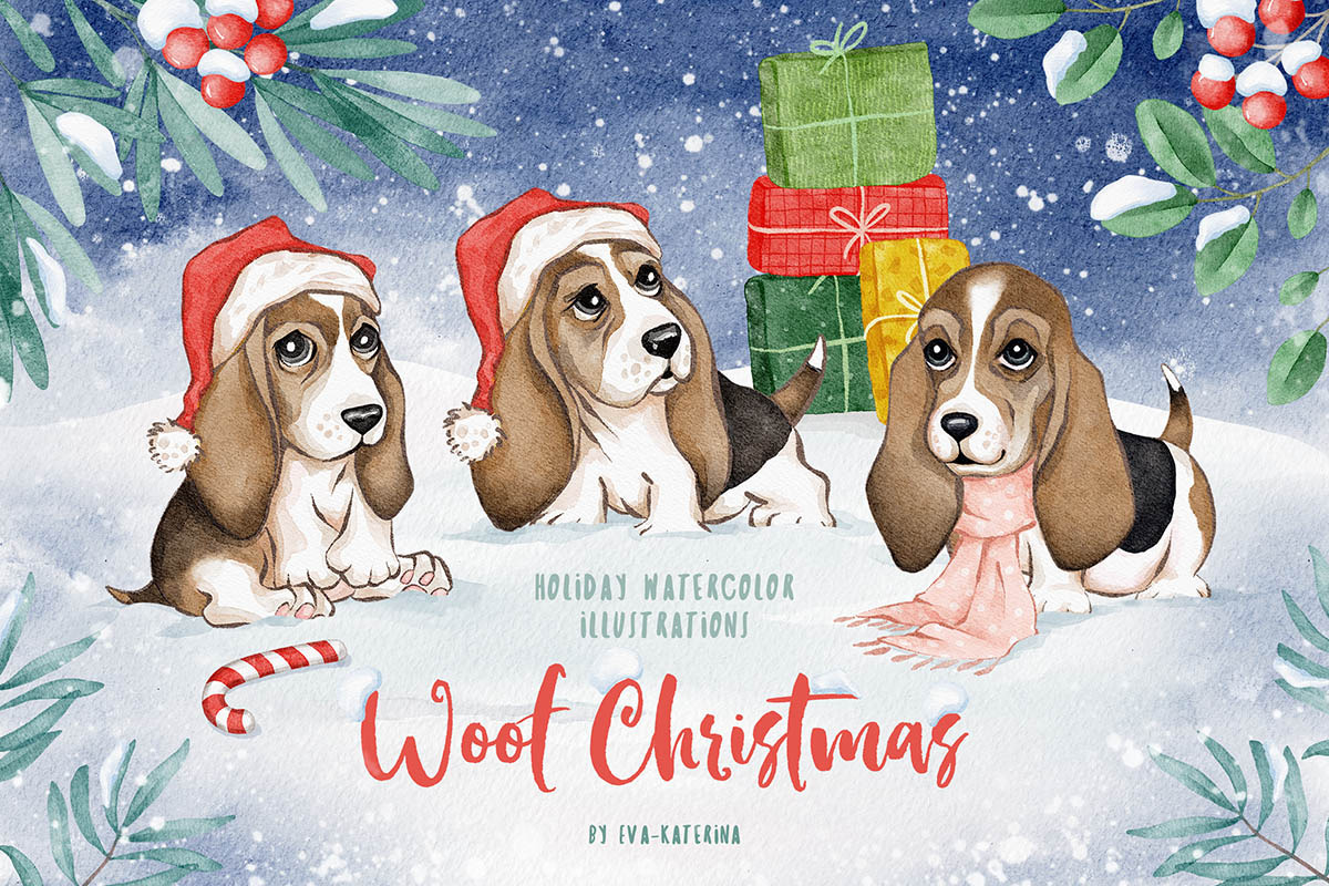 Woof Christmas Watercolors, an Animal Illustration by Eva Katerina (Photo 1 of 18)