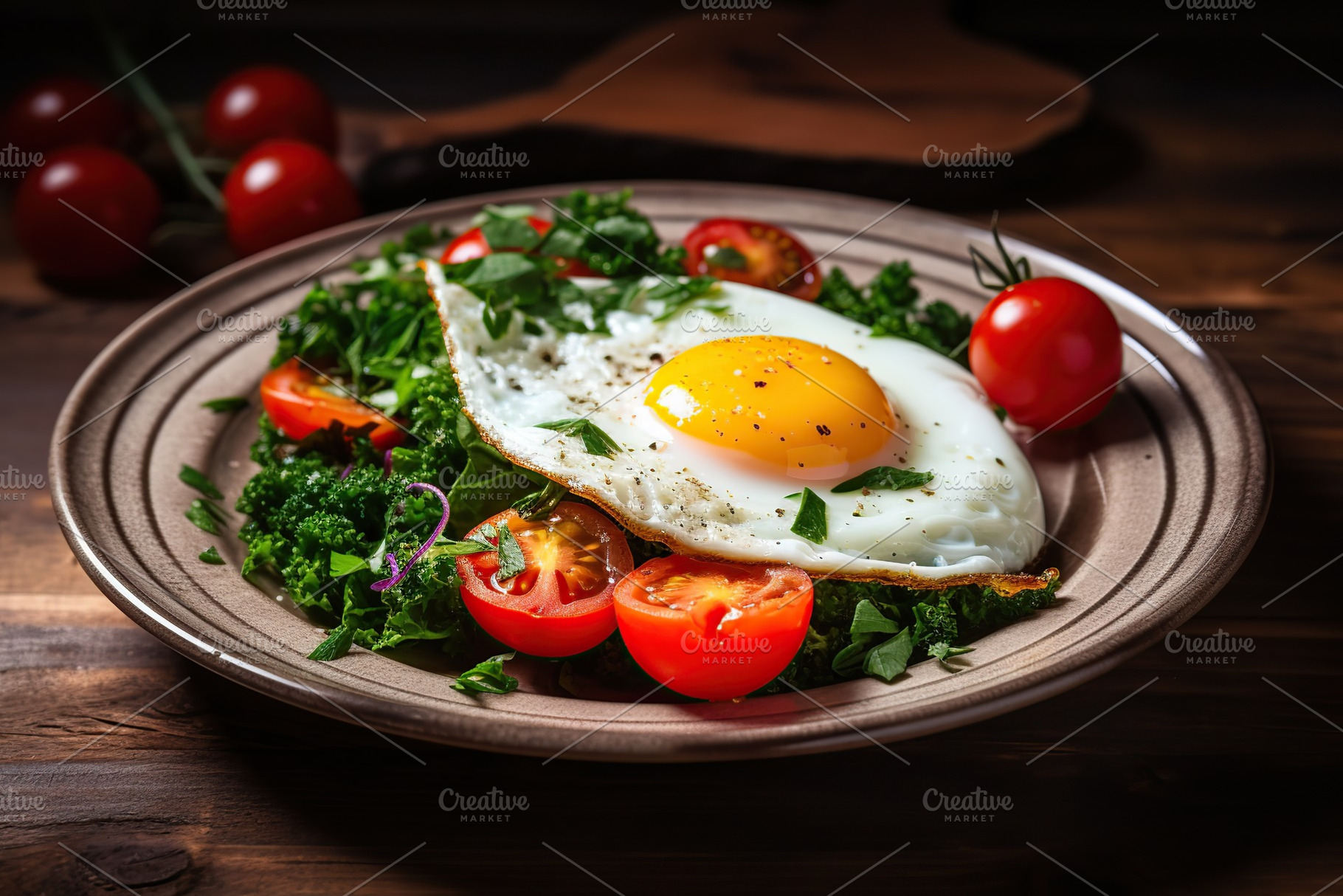 Fried eggs with vegetables and herbs in plate on wooden background, a Food & Drink Photo by AlyaAnd