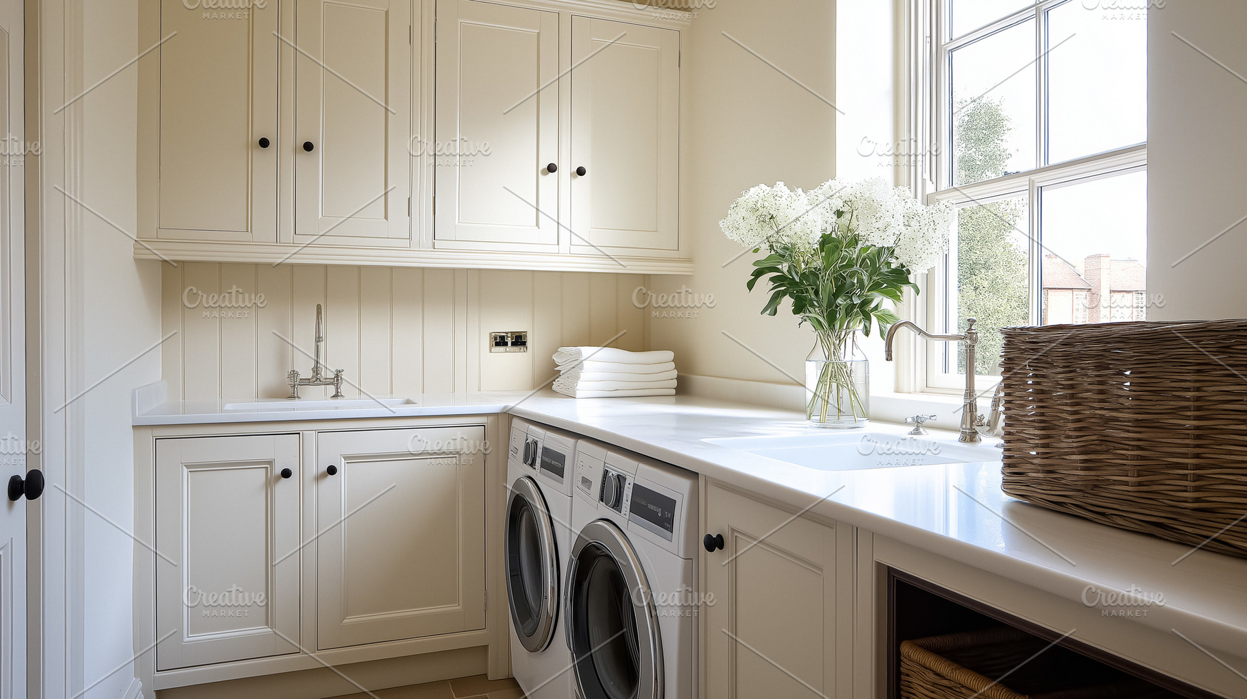 Clean and organized utility room with shaker cabinets, sink, washer, dryer, and, an Architecture Photo by Studio ANNA
