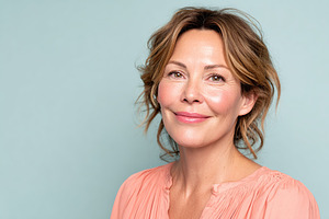 Woman with glowing skin poses against a pastel blue background in natural light, a Person Photo by AlyaAnd