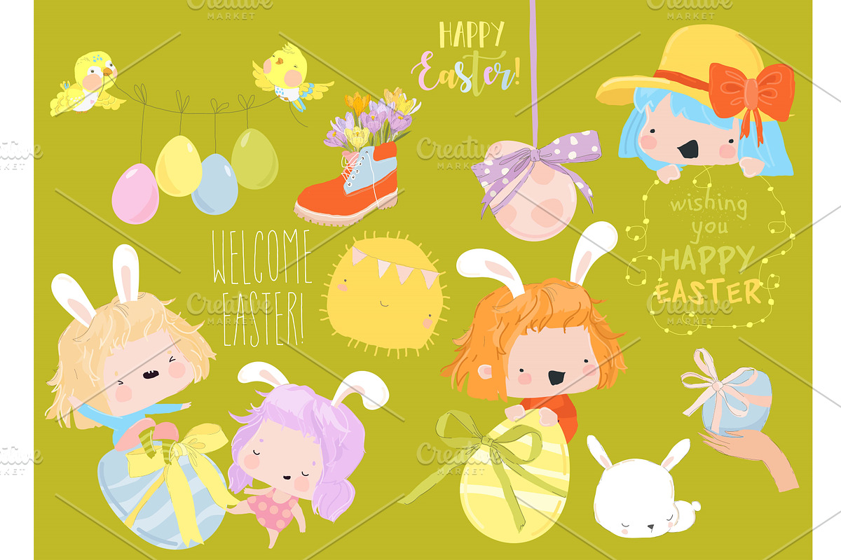 Happy Easter Set with Cute Girls and, an Object Illustration by Maria Starus