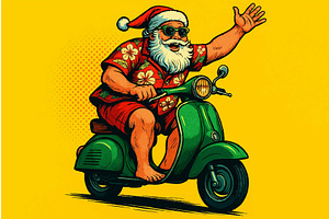 Tropical Santa Claus riding scooter, an Illustration by AlexArt