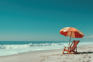 Beach chair and umbrella ocean waves, a Photo by Pixeness Studio