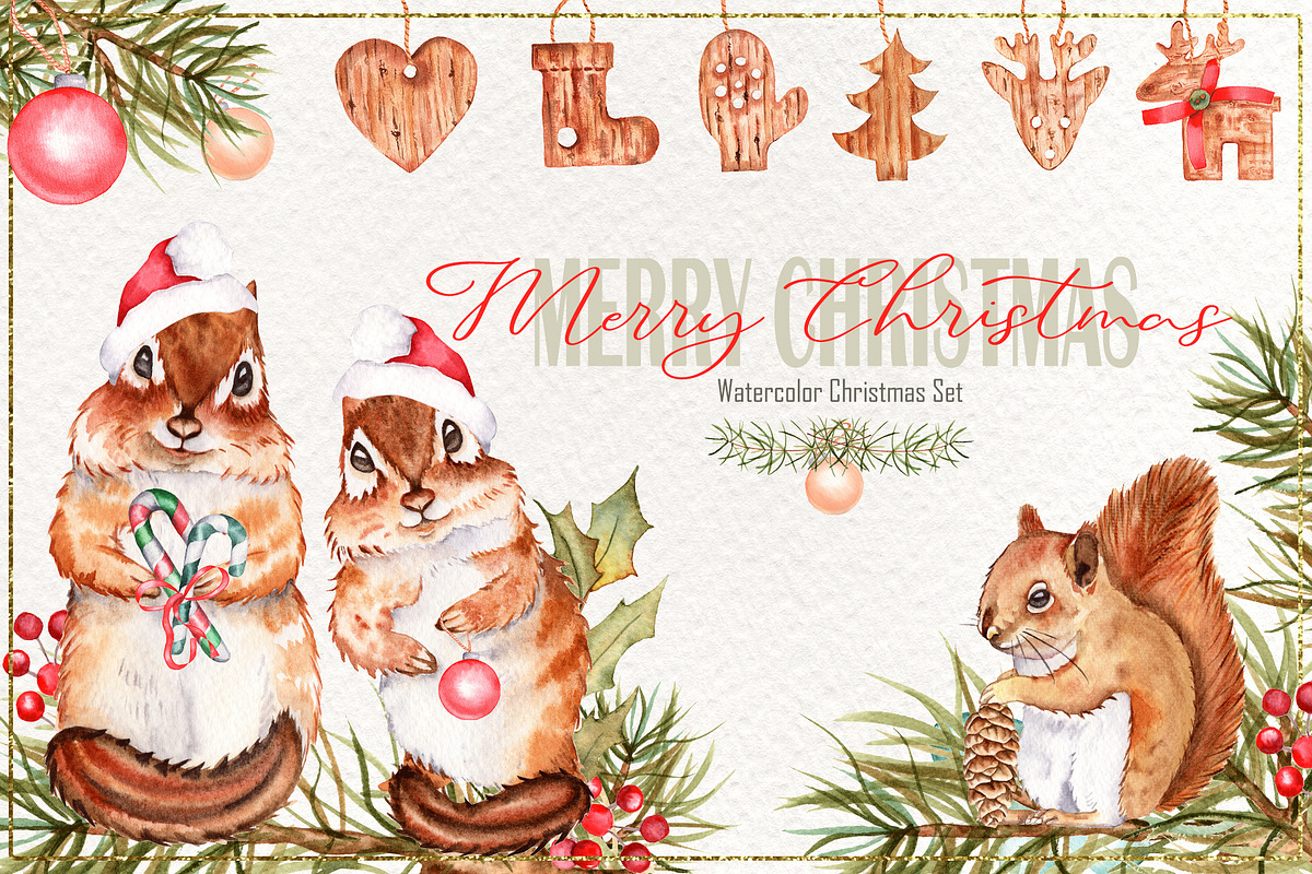 Merry Christmas Watercolor Set, an Illustration by TanataDesign (Photo 1 of 10)