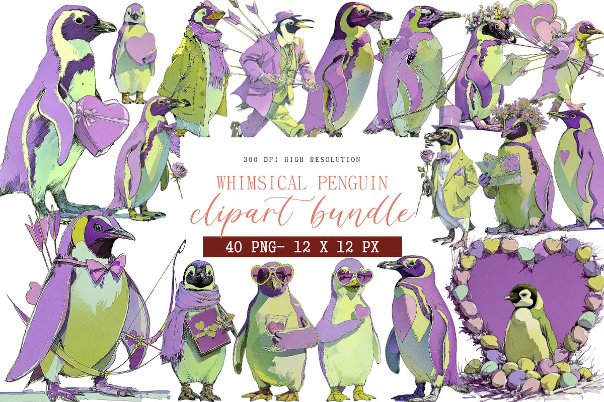 Valentine's Whimsical Penguin Clipar, an Illustration by DreamArtGraphic (Photo 1 of 4)