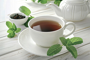 White cup of aromatic tea and green mint leafs on wooden backgro, a Food & Drink Photo by AlyaAnd