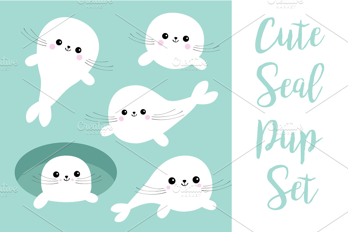 Harp baby seal pup set., an Animal Illustration by Worldofvector