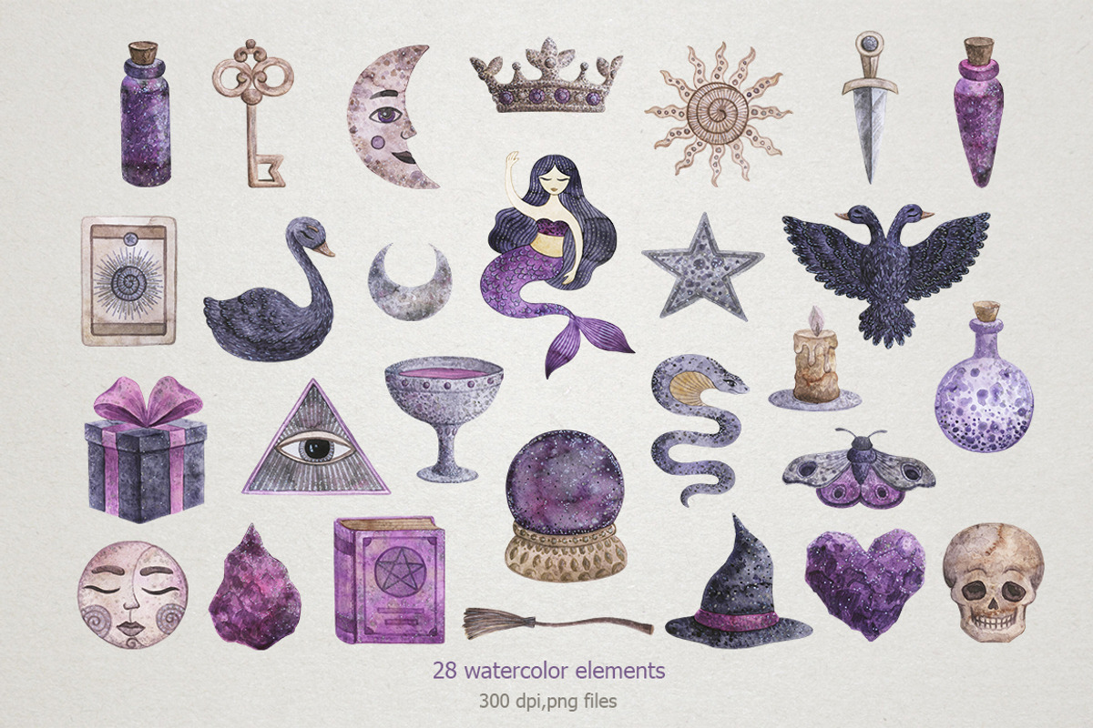 Watercolor magic clipart, a Decorative Illustration by CreativeByLu (Photo 2 of 12)