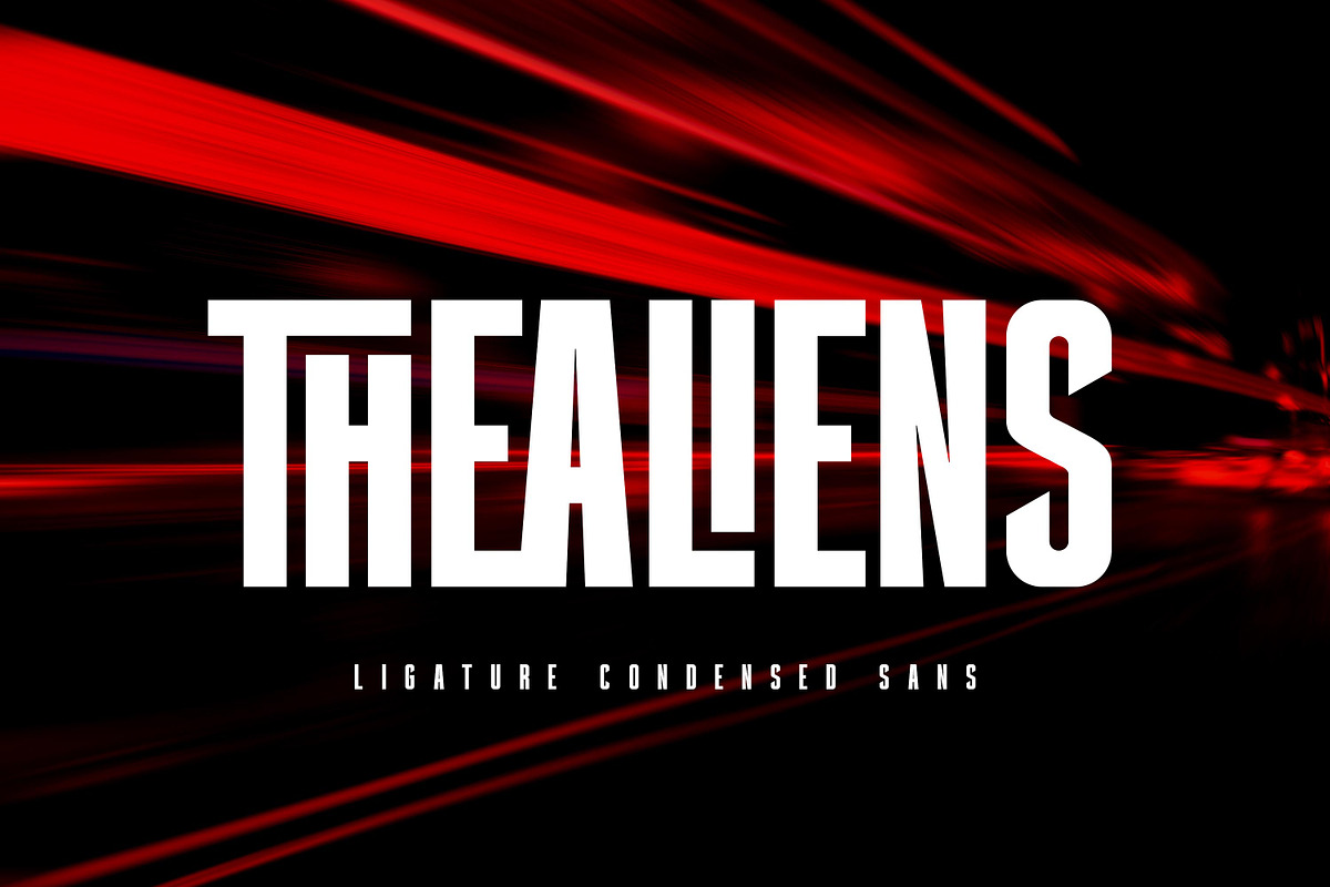 Thealiens - Ligature Condensed Sans, a Sans Serif Font by Almarkhatype (Photo 1 of 10)
