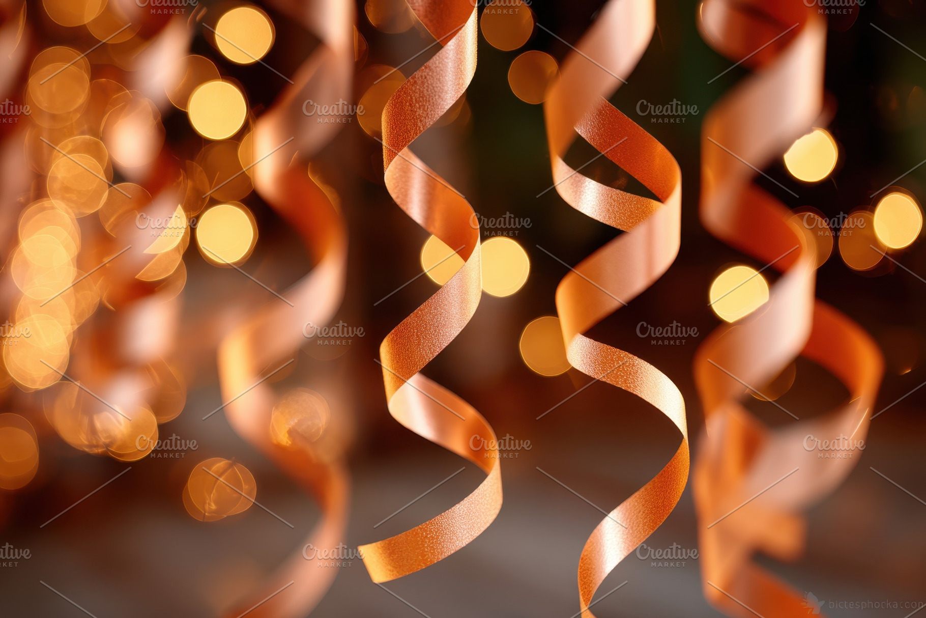 Orange curling ribbons with warm bokeh lights, a Background Photo by AlyaAnd