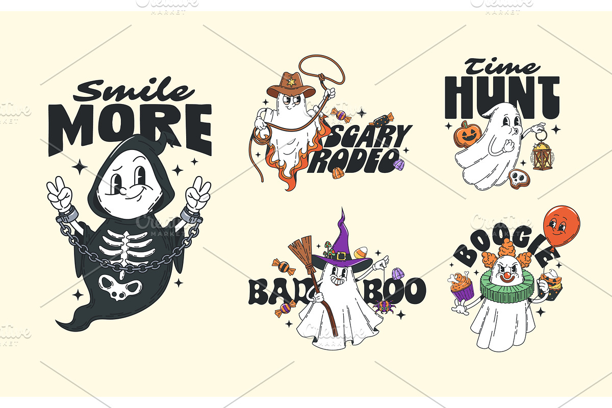 Hippie Halloween groovy characters, a Seasonal Illustration by Buch&Bee