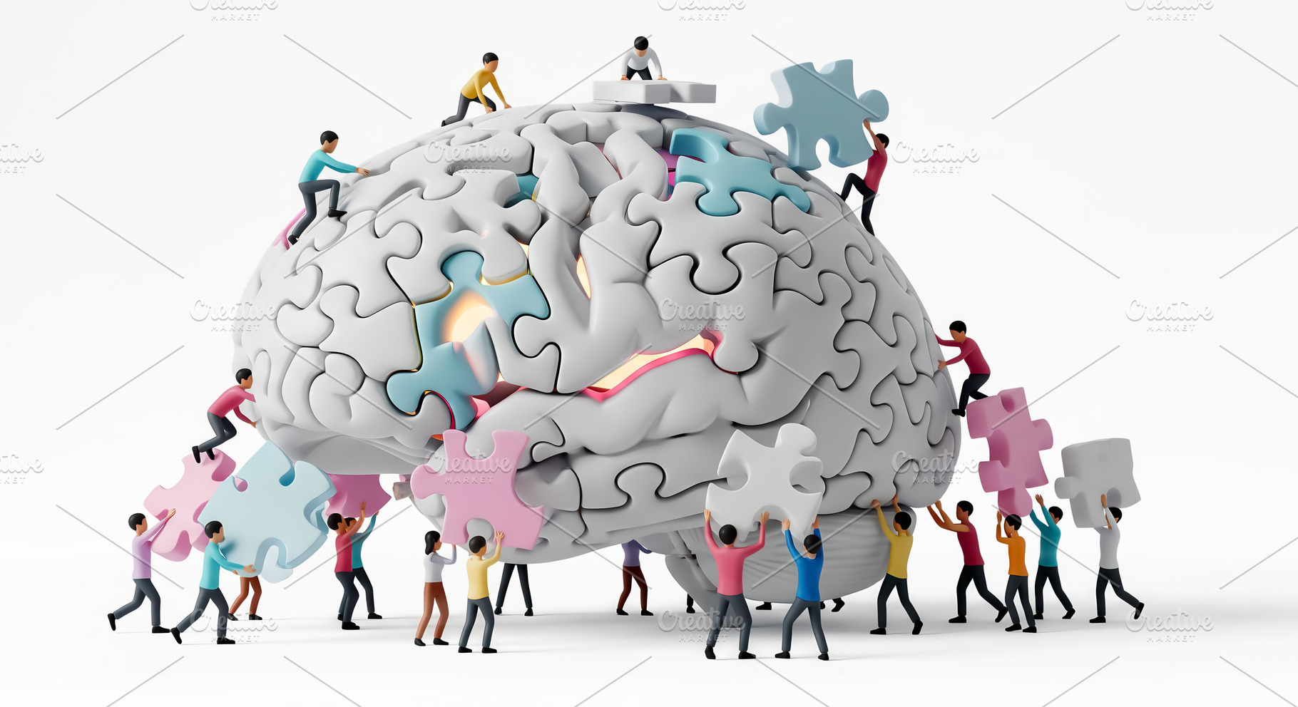 People assembling brain from puzzle, a Health & Medical Photo by angellodeco