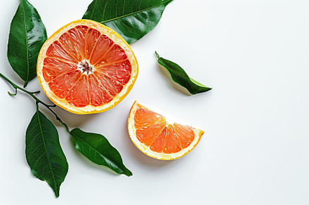 Fresh and tasty grapefruits with green leaves on white background, a Food & Drink Photo by AlyaAnd