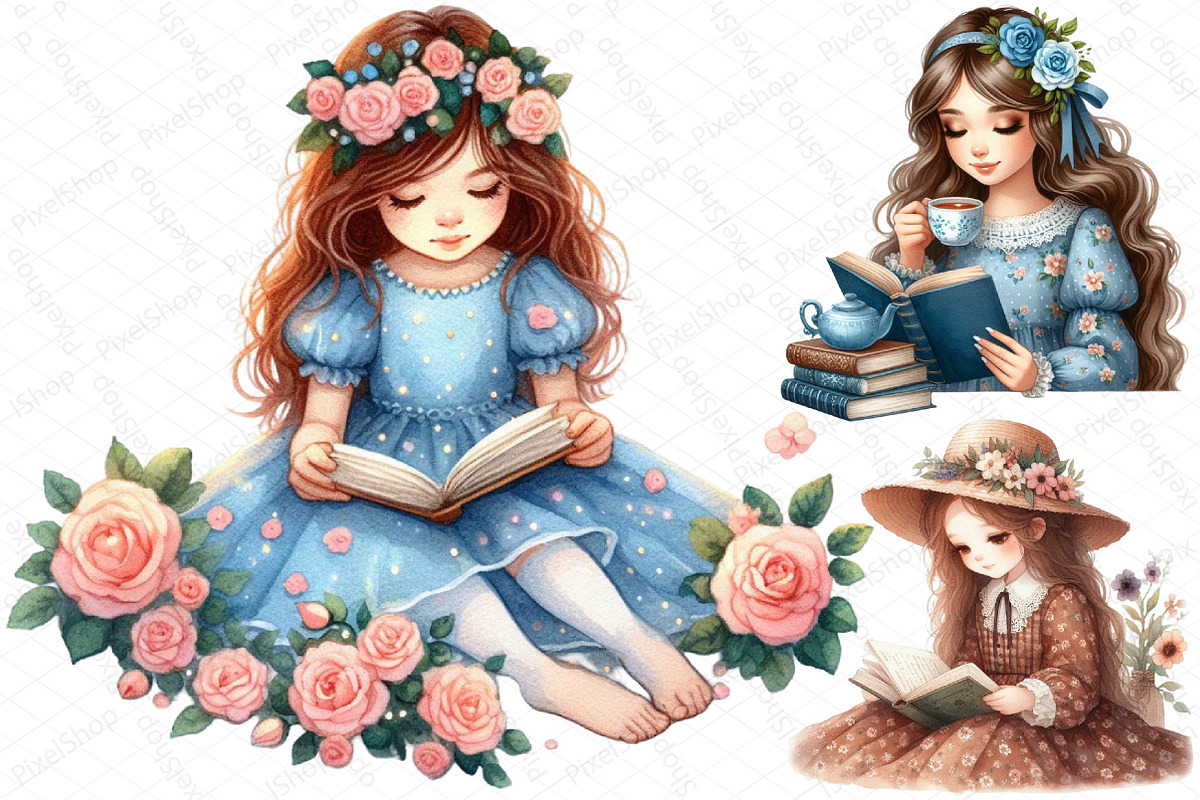 Girl in Floral Dress Read Book Clipa, an Illustration by DreamPrint404 (Photo 3 of 4)