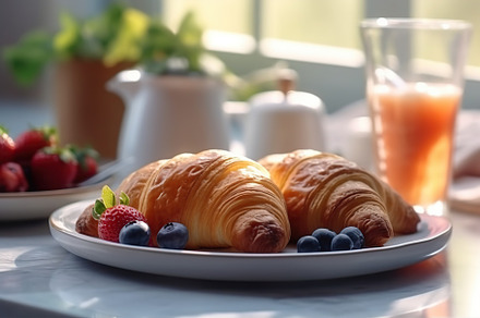 Tasty croissants with fresh berries on kitchen table. Generative AI, a Food & Drink Photo by AlyaAnd