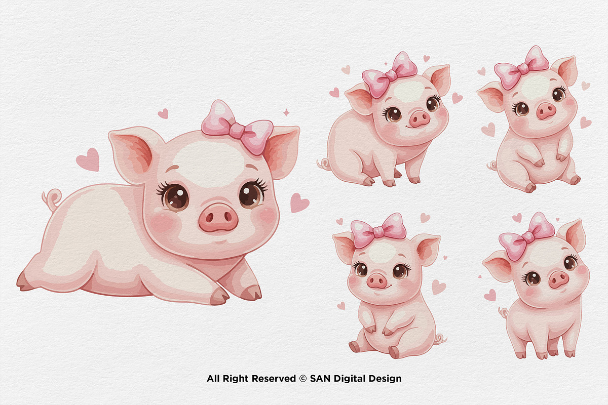 15 Bundle Watercolor Girl Pig Pink, an Animal Illustration by Morspective (Photo 5 of 8)