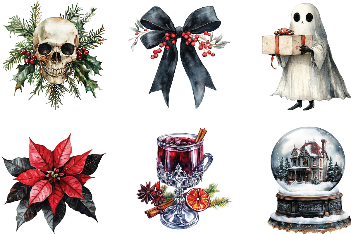 Gothic Christmas Watercolor Clipart, an Illustration by CraftArtStudio (Photo 2 of 6)