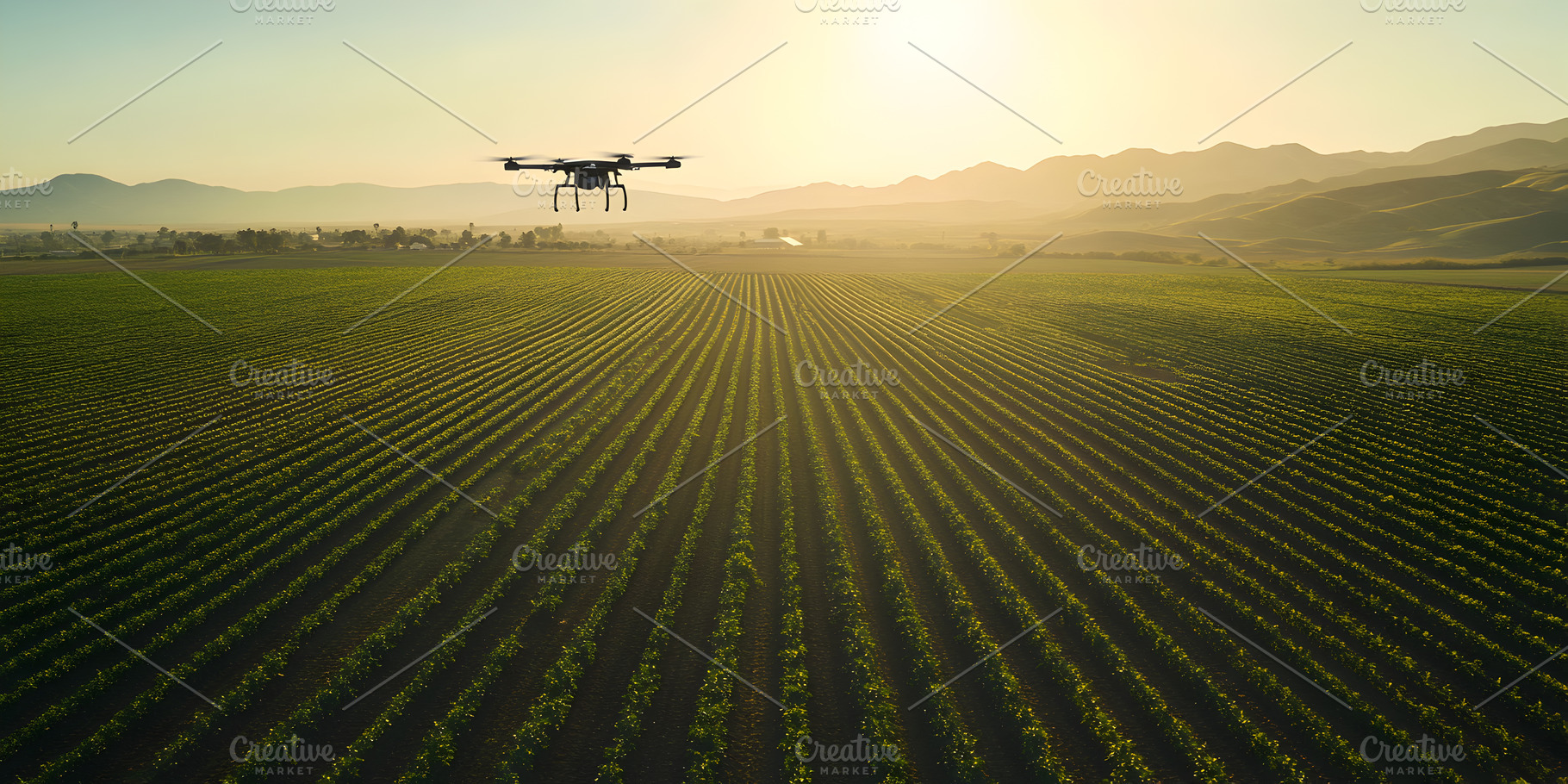 Drone flying over agricultural field at sunrise, a Technology Photo by Photostock