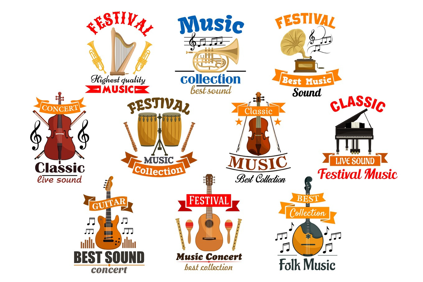 Melody Notes With Musical Instruments Icons by Vector Tradition | Creative Market
