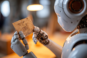 Humanoid robot examines an old photograph in a modern workshop setting, a Technology Photo by AlyaAnd