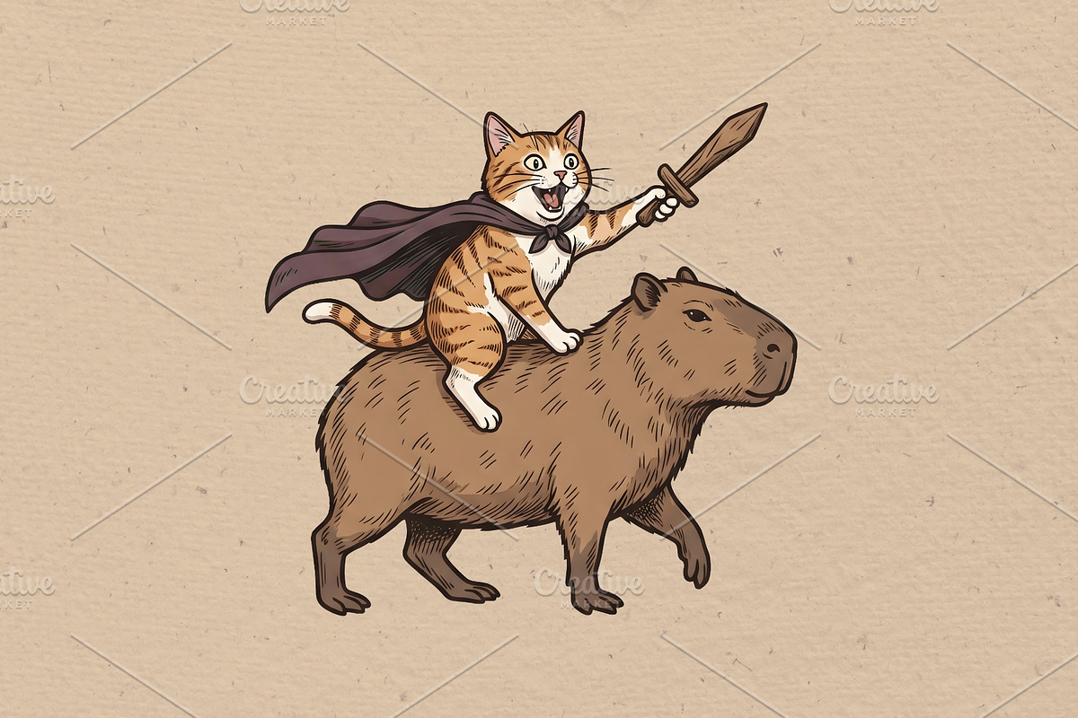 Friendship between cat and capybara, an Animal Illustration by Vectorlina (Photo 1 of 4)
