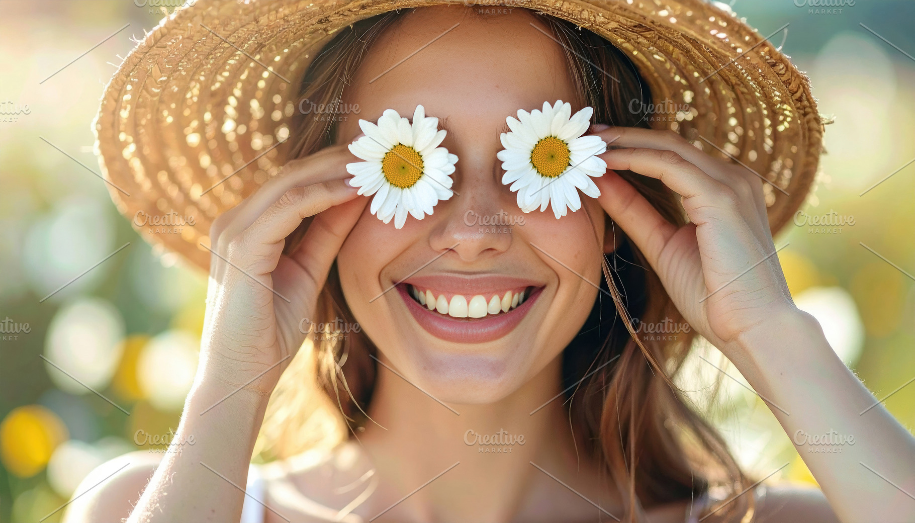 Young Caucasian Woman with Daisies Over Eyes, a Sports & Recreation Photo by Davizro's Market