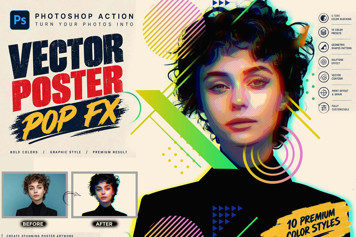 VECTOR POSTER POP FX Ps Action, an Action Add-On by Studio Retouch (Photo 1 of 10)