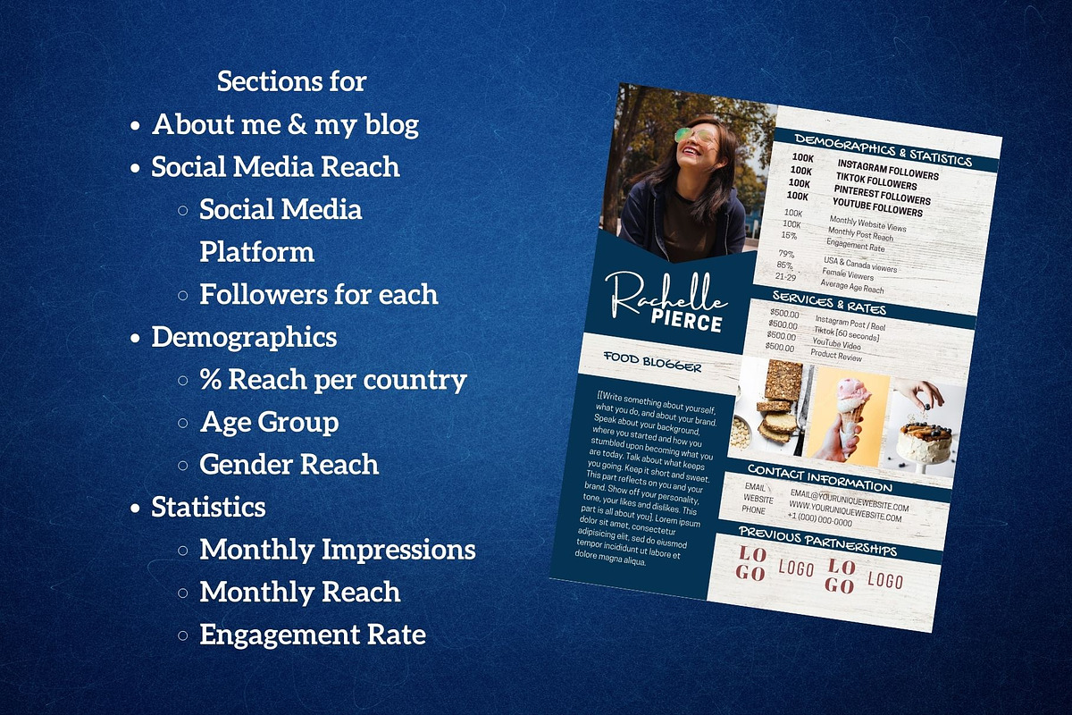 One Page Media Kit in Navy Blue [A], a Templates & Theme by ProductiveandFree (Photo 4 of 11)