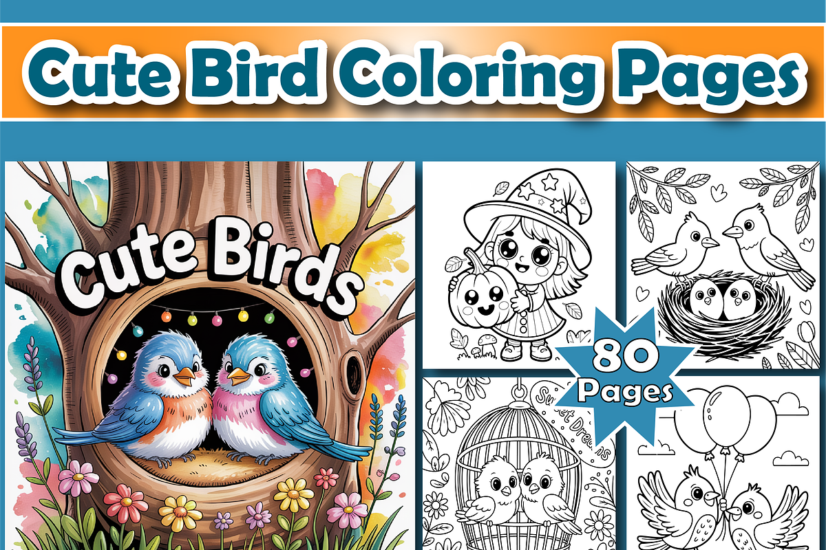 Cute Bird Coloring Pages For Kids, an Animal Illustration by Printable Design Store (Photo 1 of 4)