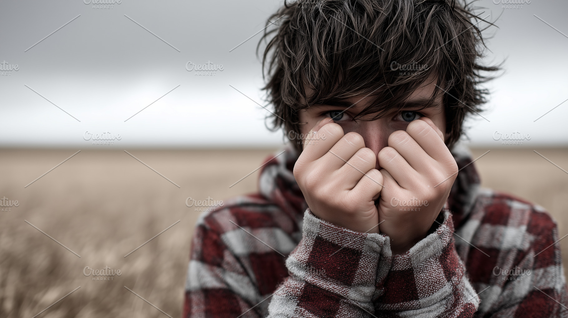 Sad young boy covering his face with, a Person Photo by MistyDay