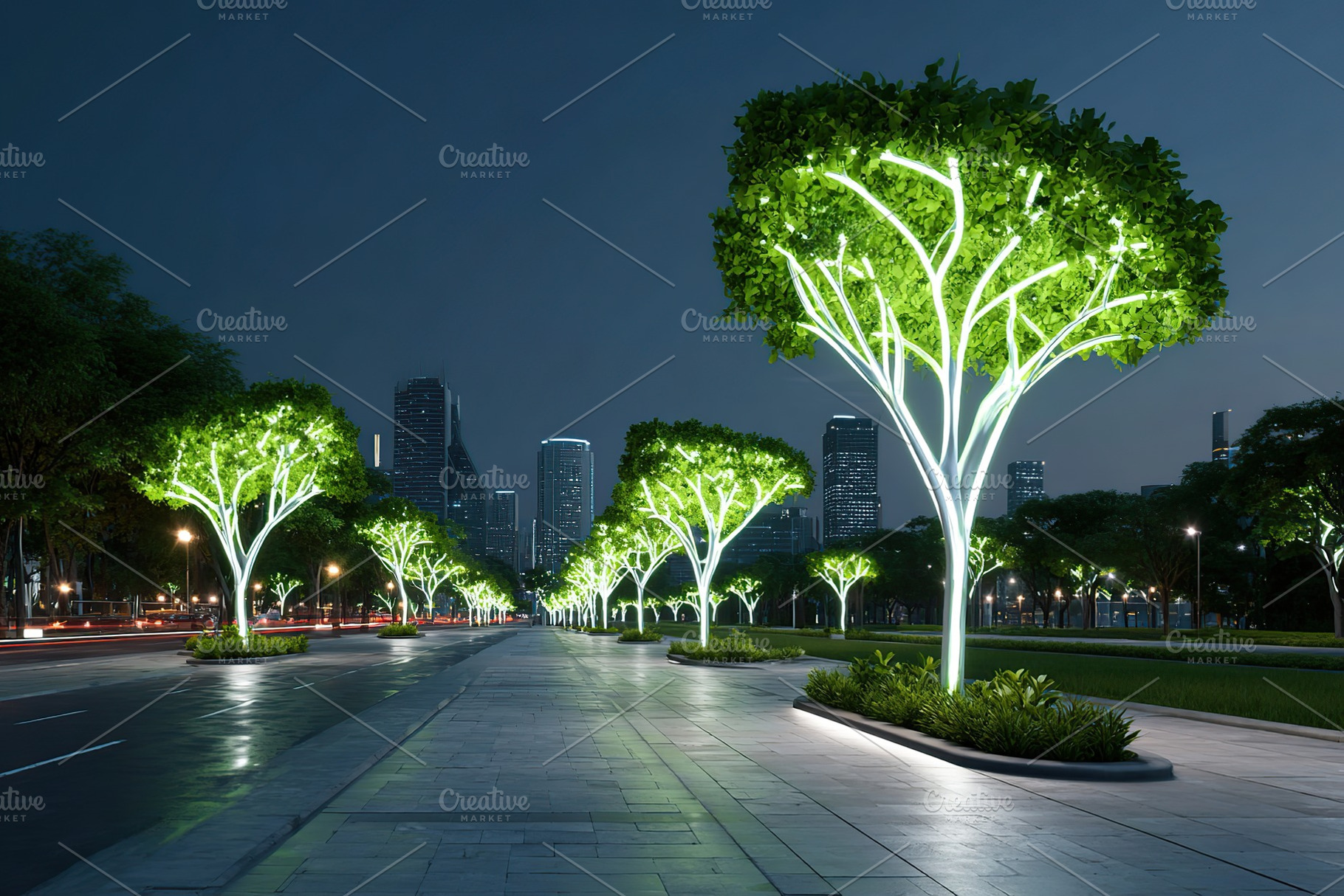 Illuminated trees line a modern city street at night creating a vibrant urban a, a Photo by AlyaAnd