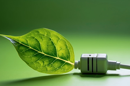 Eco-Friendly Energy Concept with Green Leaf and Electric Plug on Green Backgrou, a Photo by AS photostudio