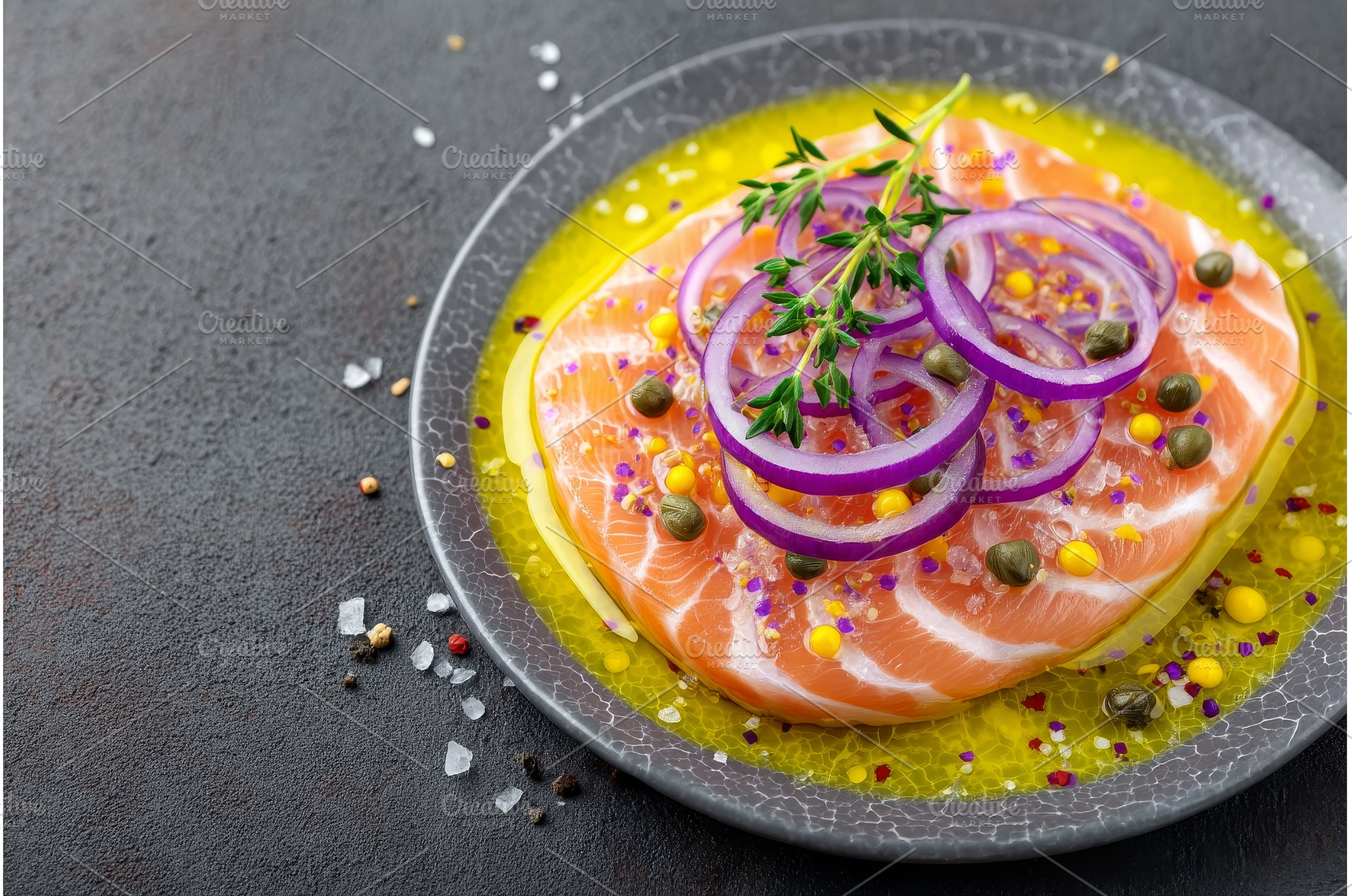 A grey table holds a dish of salmon, a Food & Drink Photo by ZinetroN