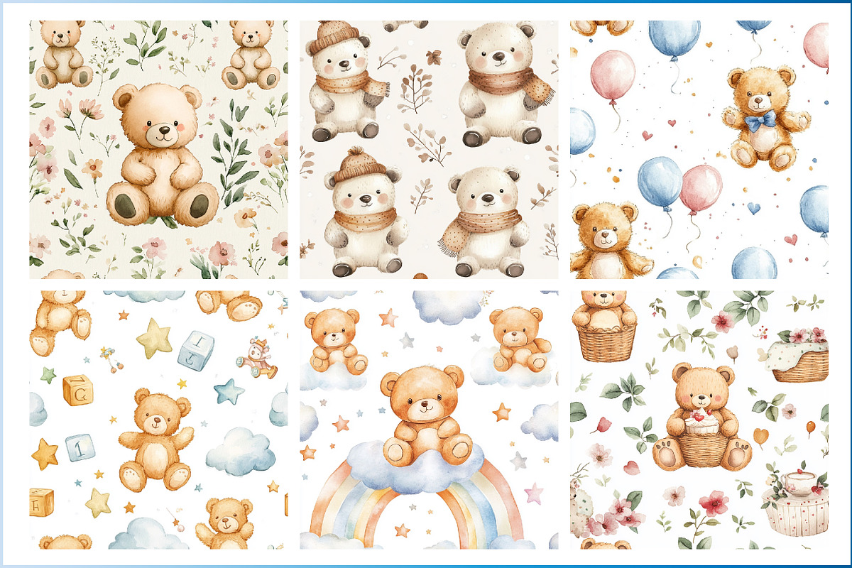 Watercolor Teddy Bear Seamless Patte, a Pattern Graphic by Design Market (Photo 3 of 4)